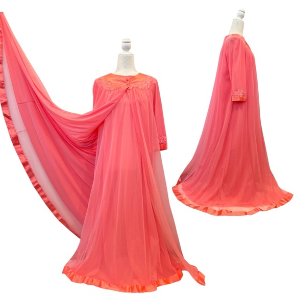 Vintage Artemis Gossard Pink Coral Silky Satin Sheer Chiffon Maxi Gown Robe Set - Picture 9 of 13